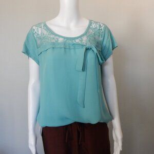 LC Lauren Conrad Womens Bow Front Laced Short Sleeved Blouse Light Blue/Green XL